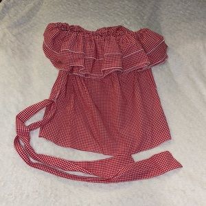 Off the shoulder red and white checkered top